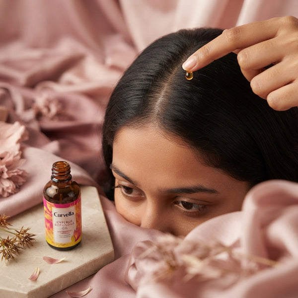 A close-up of a drop of golden scalp oil on a fingertip against a soft blush and dusty rose background.